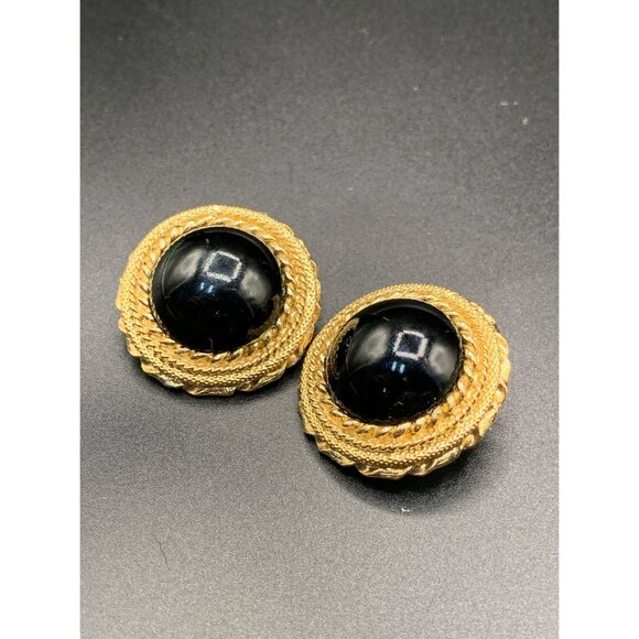 Classic Clip On Earrings Black and Matte Gold-Tone Round Domed 80s Earrings - Picture 2 of 5